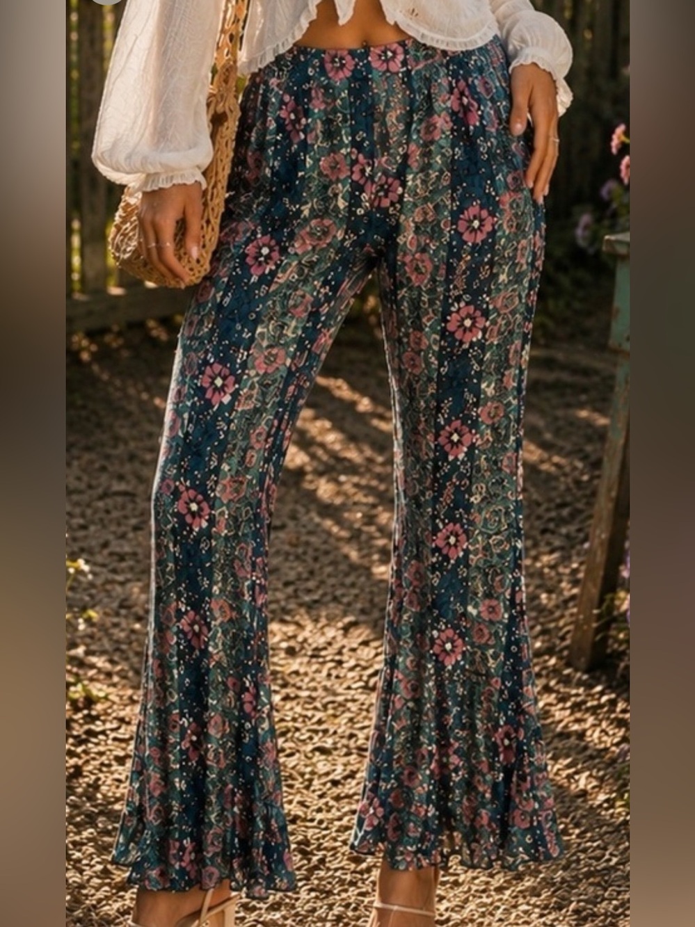 Free People Bali Sultry Boho Bohemian Floal Flare Leg Pants Size Small